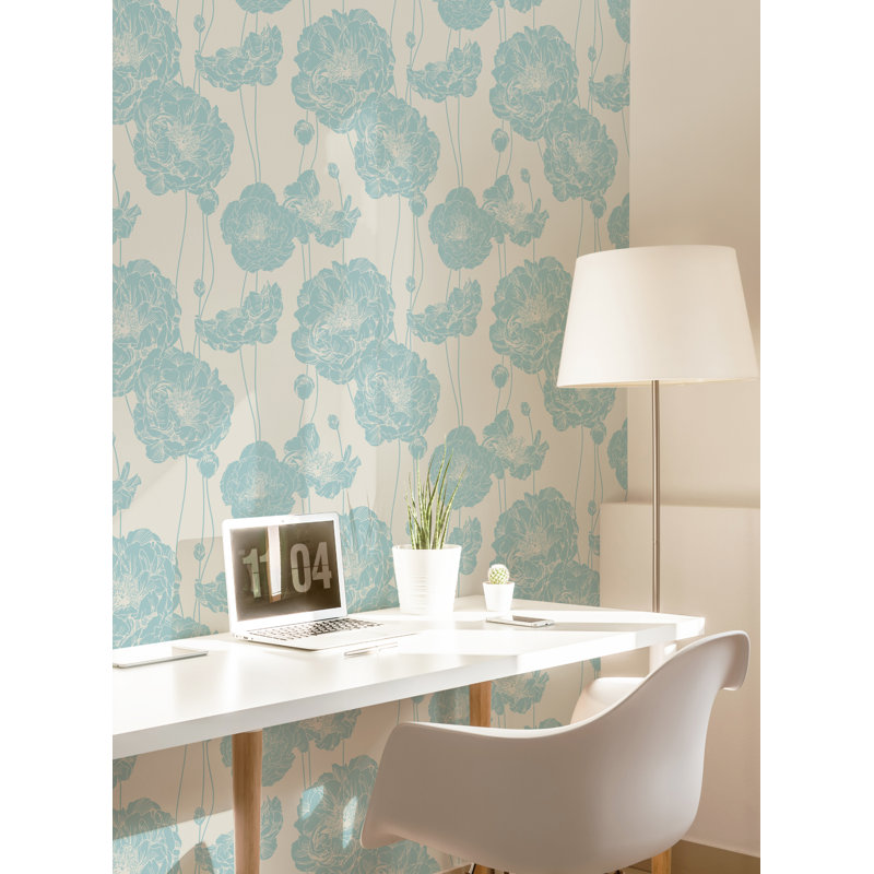 Rouleau de papier peint adhésif L 18 pi x l 24 po Latundra Peony, Bleu menthe