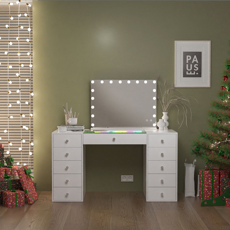 Bureau de coiffeuse avec miroir DEL, table de coiffeuse avec bande de lumières RVB, miroir de coiffeuse Hollywood avec 18 ampoules DEL et haut-parleurs Bluetooth, coiffeuse de maquillage de 51,2 po avec 11 tiroirs, luminosité réglable