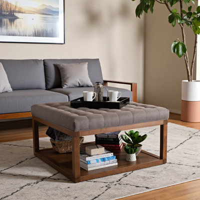 Ato Tufted Ottoman with Gray Fabric Upholstery & Brown Finish, 19.96" H X 36.29" W X 36.29" D