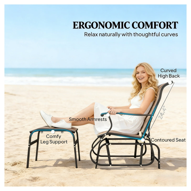 Chaise berçante d'extérieur moderne à haut dossier avec siège en filet, chaise berçante de patio en acier noir et brun pour terrasse
