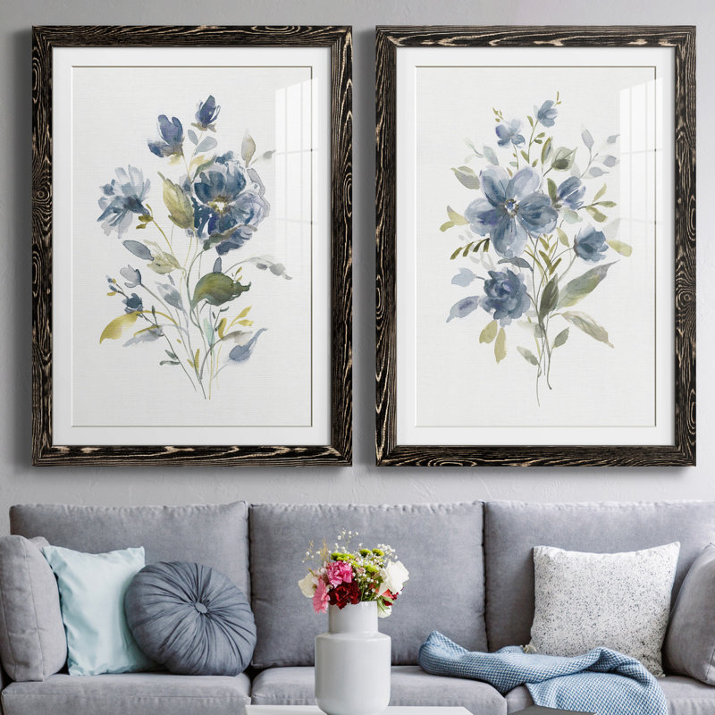 Linen Botanical I - Ensemble de 2 reproductions d'art, Papier encadré noir