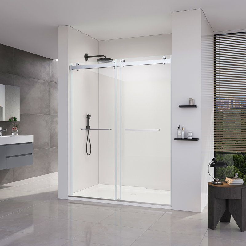 56-60*76 Inch Frameless Double Sliding Soft-Close Shower Doors, Bathroom Sliding Shower Door, Glass Door ,(10Mm) Thick Sgcc Tempered Glass Door For Bathroom + Stainless Steel --Brushed Nickel