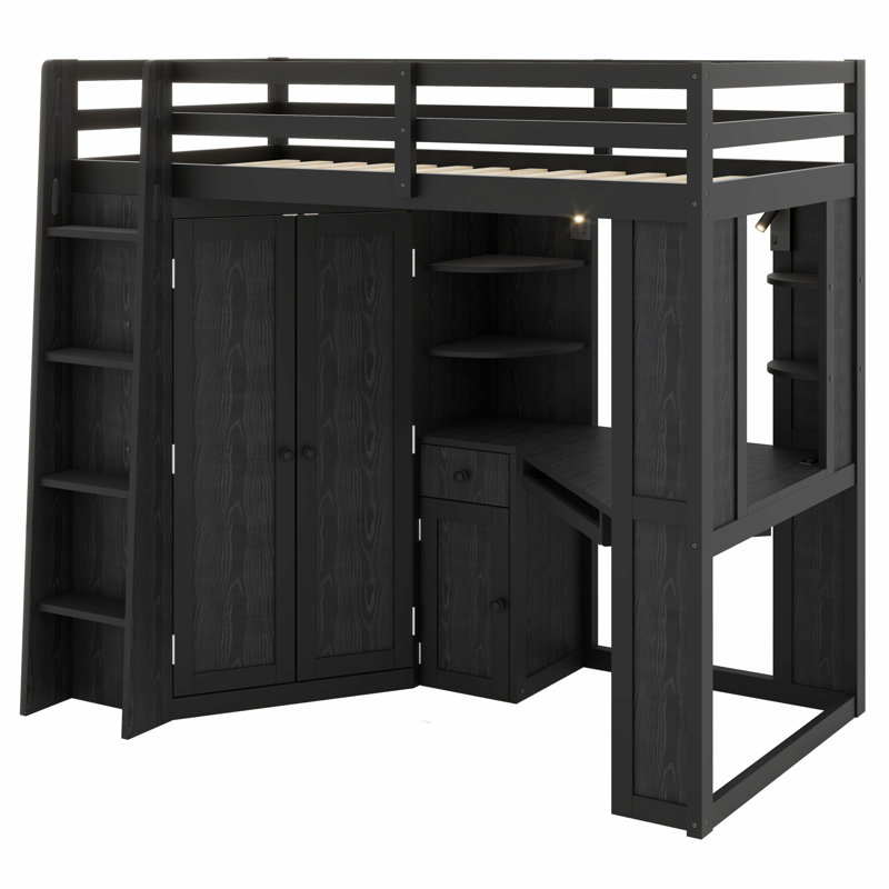 Lit mezzanine fonctionnel avec grande armoire, bureau et station de charge, Black