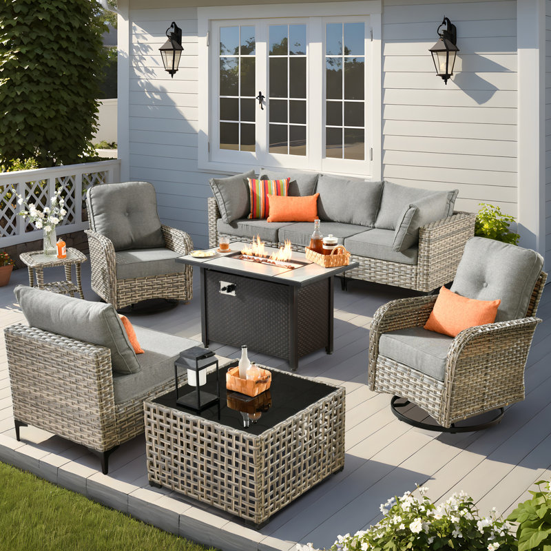 6 Seats High Quality Pe Rattan Outdoor Furniture Sofa With Rocking Chair And Stove, Can Be Freely Combined, Dark Gray