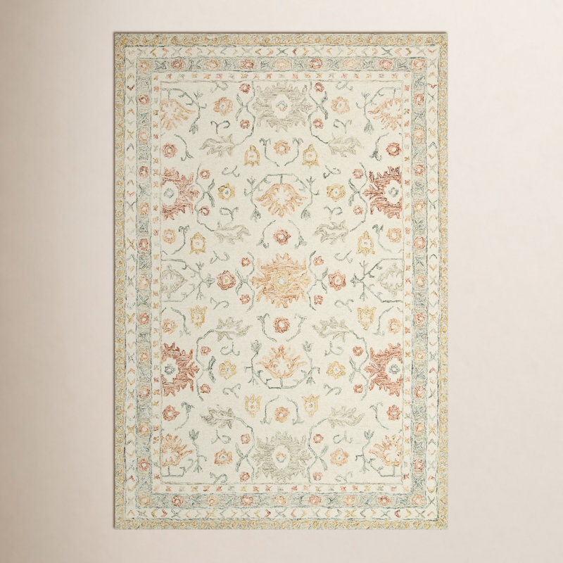 Tapis oriental ivoire / rouille en laine crocheté à la main Aden, Rectangle 5 pi x 7 pi 6 po