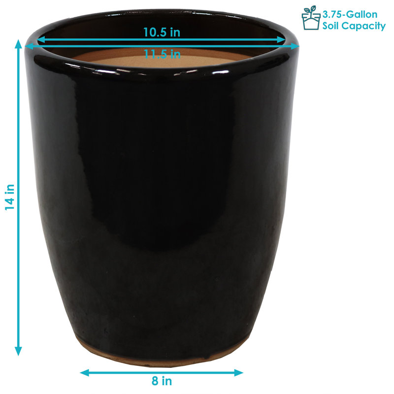 Pot à fleurs rond en céramique captivante 11,5 po x 11,5 po x 14 po Obsidian, 2, Obsidienne