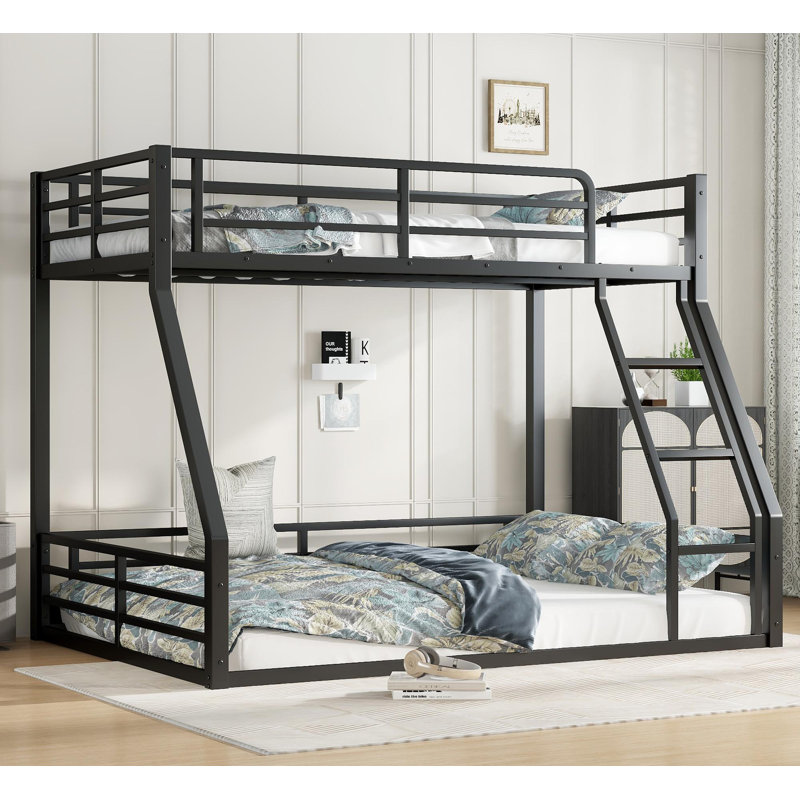 Metal Bunk Bed, Twin over Full Floor Bunk Bed Frame,Heavy-Duty Bunk Bed for Kids, Teens, Adults, Noise-reduced Design, Black