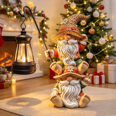 Statue de nain de jardin avec lumière solaire, décoration extérieure en résine imperméable, veilleuse marche / arrêt automatique, joli gnome floral pour la cour de patio, cadeau de pendaison de crémaillère pour la fête des Mères