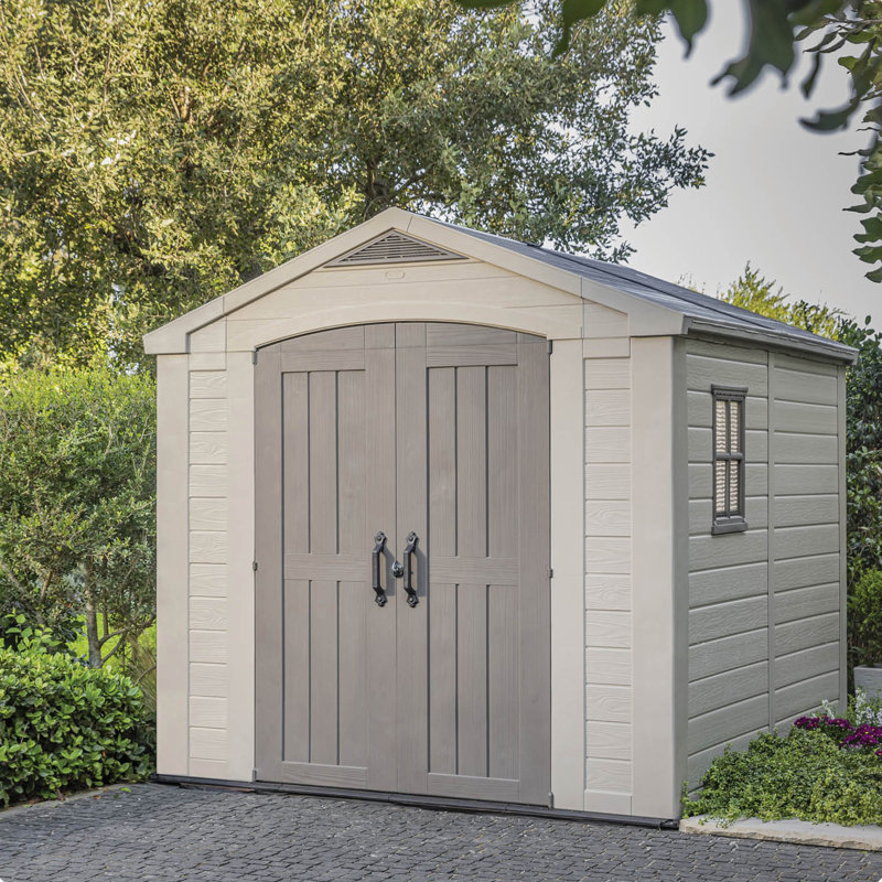Remise de rangement d'extérieur en résine durable 8 po x 8 pi Keter Factor avec plancher et portes doubles pour meubles et outils de jardin, brun