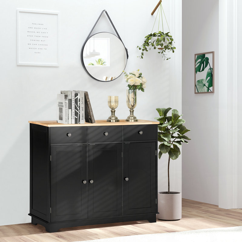 Buffet de comptoir en bois massif avec 3 tiroirs, portes et tablette réglable pour le rangement de la cuisine moderne, Noir