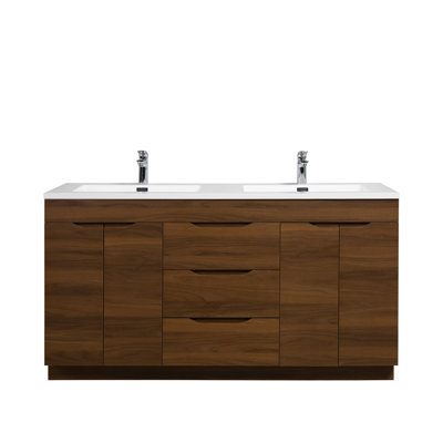 Ashby 60 po L x 21 po P 4 portes et 3 tiroirs Meuble-lavabo autoportant avec évier double et Comptoir en Polymarbre blanc