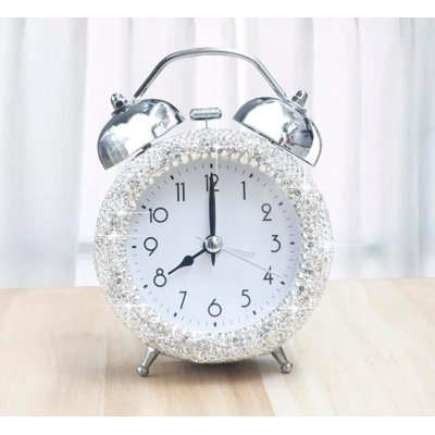 Bling Rhinestone Alarm Clock Morning Call For Bedroom Houser Desktop Home And Office Decorations(Silver)