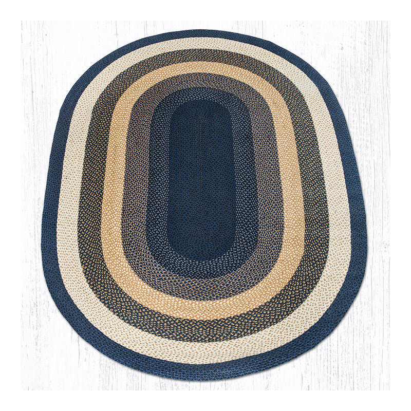  Light Blue, Dark Blue & Mustard Oval Braided Rug – Handcrafted Quality, Oval 6' x 9'