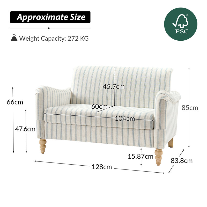 Paulina Country 128 CM Wide Sofa with Solid Wood Spindle Legs, Blue Stripe