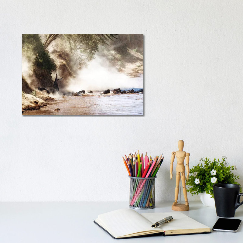 Dramatic Wildebeest Migration River Crossing by Susan Richey - Gallery-Wrapped Canvas Giclée on Canvas, Canvas
