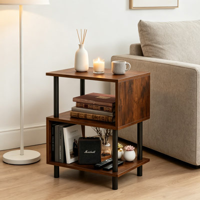 Petite table d'appoint avec tablettes en bois à 3 niveaux, table de bout robuste en métal pour le salon ou la chambre à coucher, capacité de 44 lb par tablette, assemblage facile