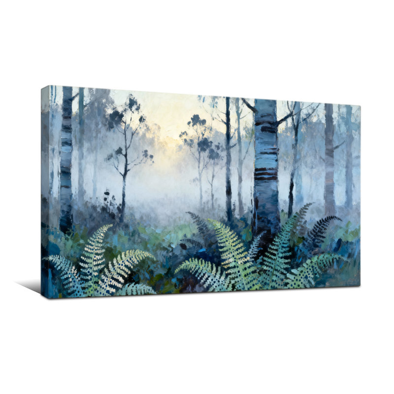 «Plants & Flowers Misty Forest Birch Trees Ferns Landscape», reproduction d'art, H 16 po x l 32 po