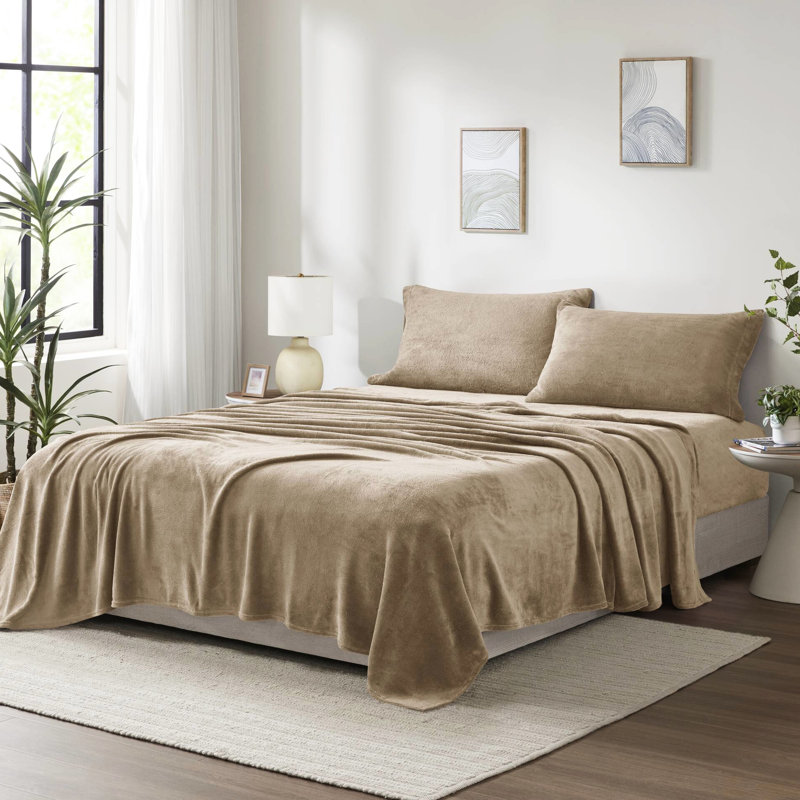 Très grand drap 4 pièces taupe - 100% ultra doux et confortable brossé des deux côtés avec des draps-housses plats 2 taies d'oreiller couleur lavable à la machine entièrement élastique
