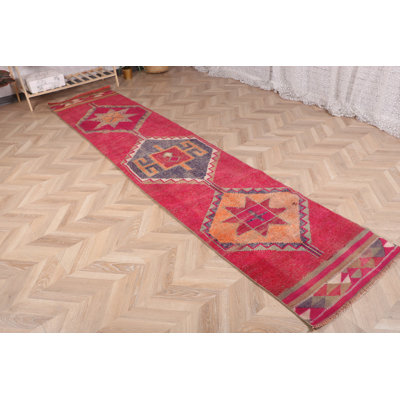 Handcrafted Turkish Oushak Runner Rug in Vibrant Pink Boasts Antique Wool for Boho Decor