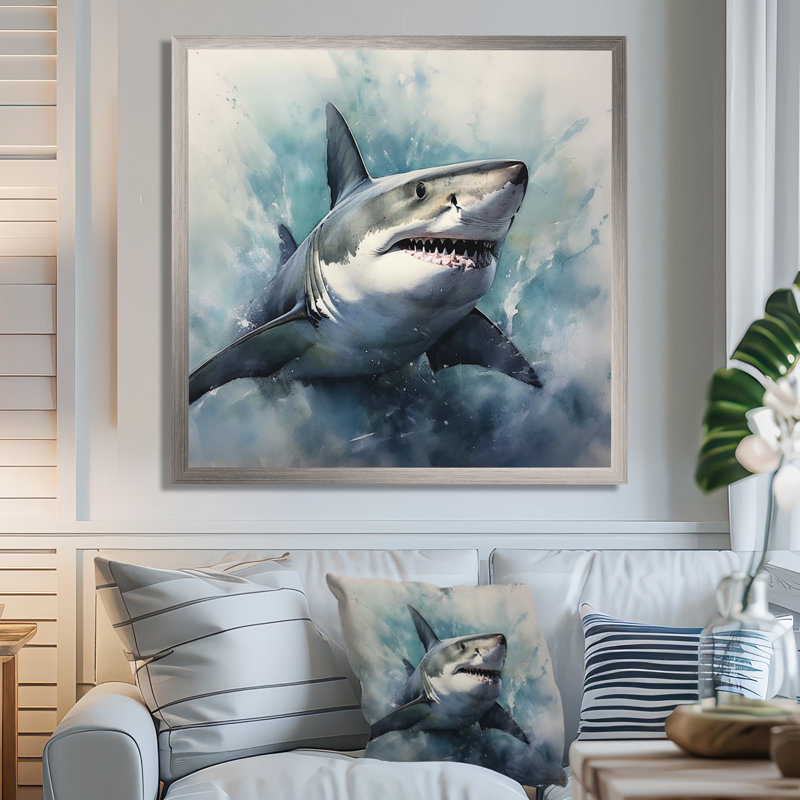 Fierce Shark II - Shark Canvas Prints, Silver Single Picture Framed, 36" H x 36" W x 1.5" D