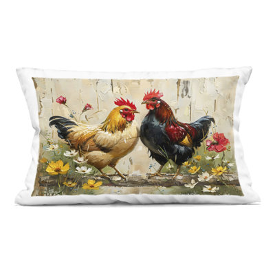 Country Chic Floral Roosters Decorative Printed Throw Pillow design by LSR Creative Studio