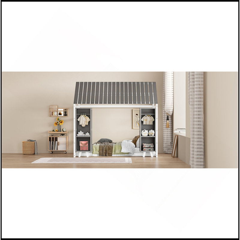 Lit en bois avec clôture et toit, lit pour enfants avec deux armoires mobiles, Gris