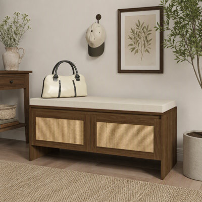 Banc de rangement en PP avec coussin, armoire à chaussures en faux rotin avec 2 portes, siège d'entrée en bois de style Mid-Century moderne, pour chambre à coucher, couloir, vestibule, finition naturelle