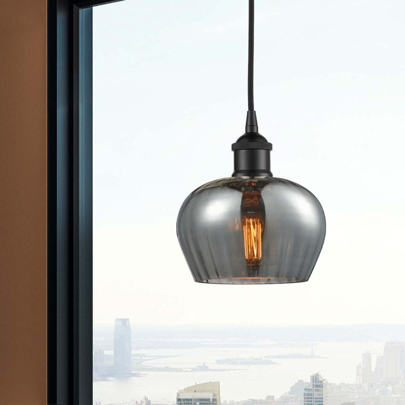 Luminaire suspendu simple à 1 lumière Noille, H 8,5 po x l 6,5 po x P 6,5 po, Brun, Noir mat
