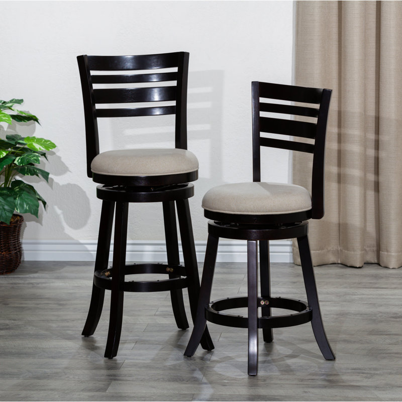 Tabouret de bar pivotant de 30 po avec finition. Siège à dossier en lattes de tissu beige. Fabrication. Convient à différents thèmes de hauteur de siège. Fonction. Préférence