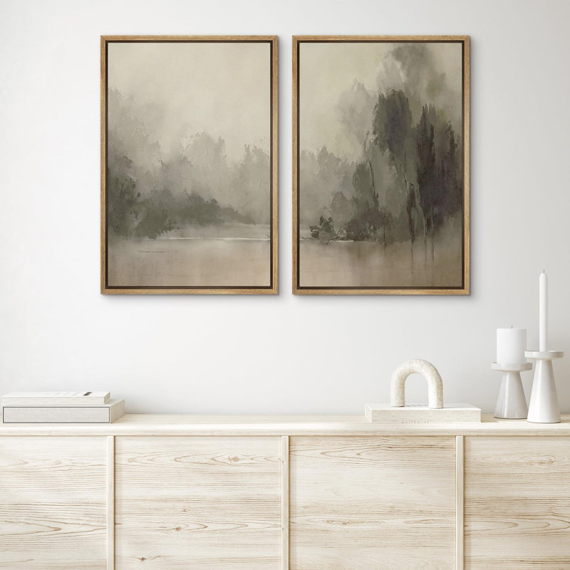 «Tranquil Nature Escape Misty Forest And River Landscape», art mural moderne, œuvre d'art, minimaliste, 2 pièces, Naturel