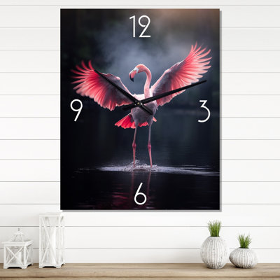 Majestic Flamingo Spreading Its Wings I - Animals Flamingo Wall Clocks