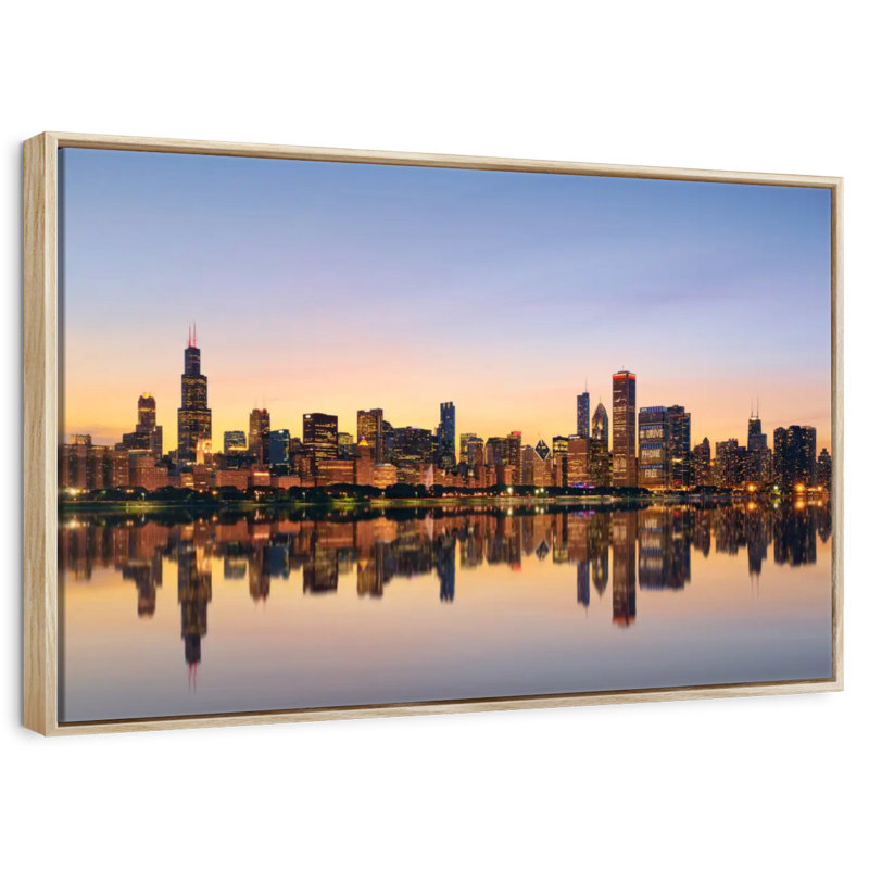 Chicago, reflet de l'horizon, 25 po x 17 po, Cadre flottant en bois naturel