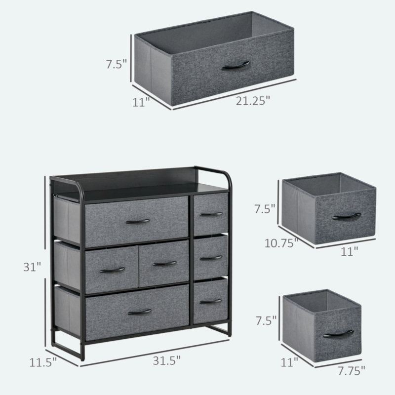 Gray Fabric 7-Drawer Dresser with Dark Wood Top and Steel Frame