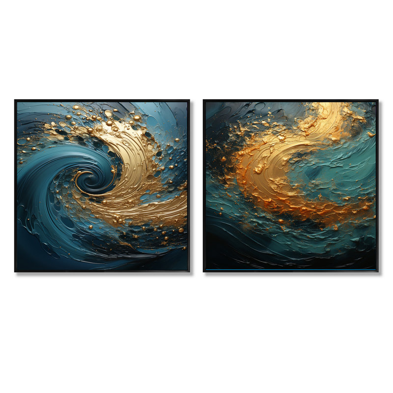 Golden Emerald Surge - ensemble de 2 collages carrés en spirale abstraite, Cadre flottant noir, H 16 po x l 33 po