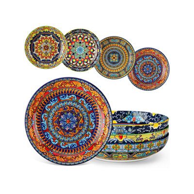  Ensemble de 4 bols à salade en céramique, ensemble de 4 bols à pâtes, grandes assiettes à pâtes de 42 oz, assiettes colorées de 8,7 po pour la soupe, bols bohémiens peu profonds pour la cuisine, allant au micro-ondes et au lave-vaisselle