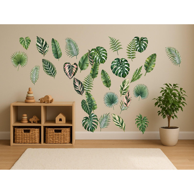 Tropical Leaf Wall Decals, Set of 34 Peel and Stick Nursery Wall Stickers, Satin Finish Removable Kids Room Wall Art, 20"W x 20"H (50 x 50 cm)