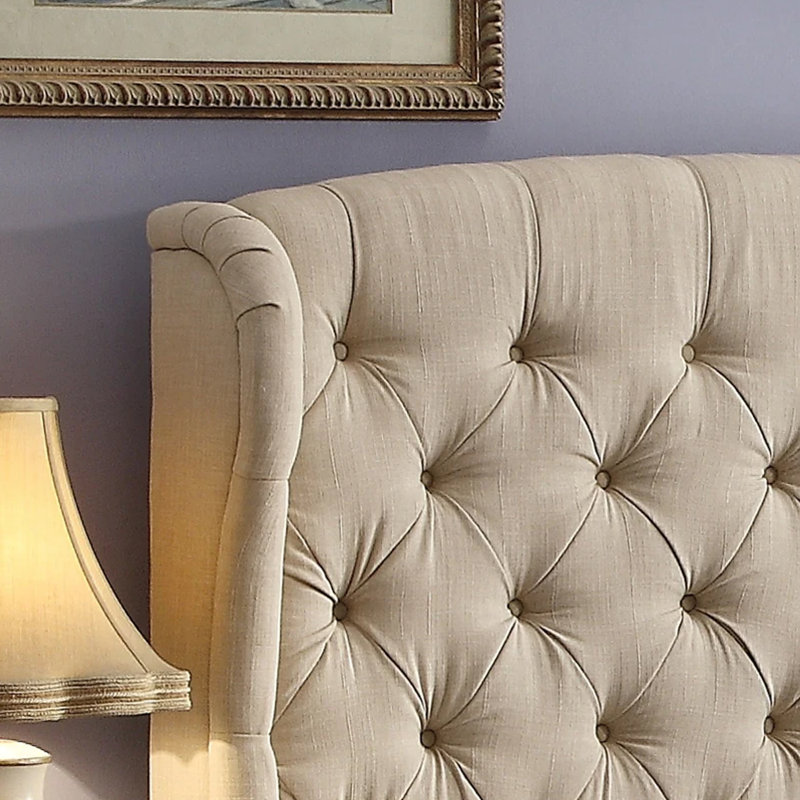 Lit tapissier en tissu, base de lit à hauteur réglable capitonnée, Beige, Très grand lit