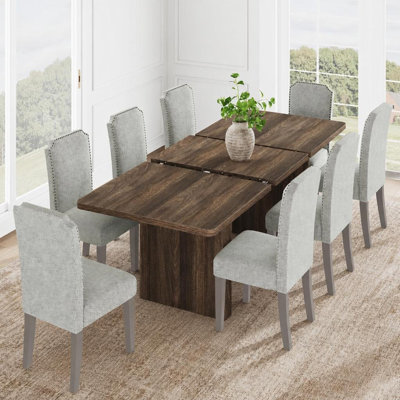 Extendable Dining Table Set with Upholstered Cotton Linen Chairs, 63"‑82.68" Expandable Table Seats 8‑10 for Farmhouse & Contemporary Spaces