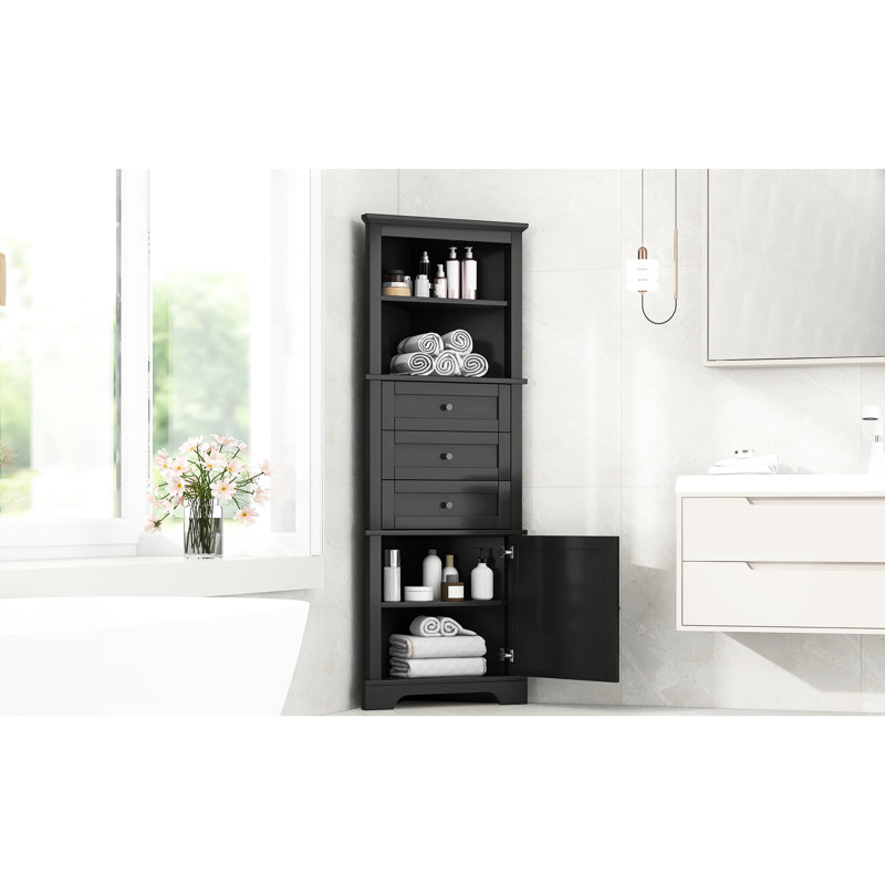 Armoire de rangement triangulaire noire avec style - 3 tiroirs, tablettes réglables, poignées en métal élégantes pour la maison, finition à l'eau, caractéristique des poignées