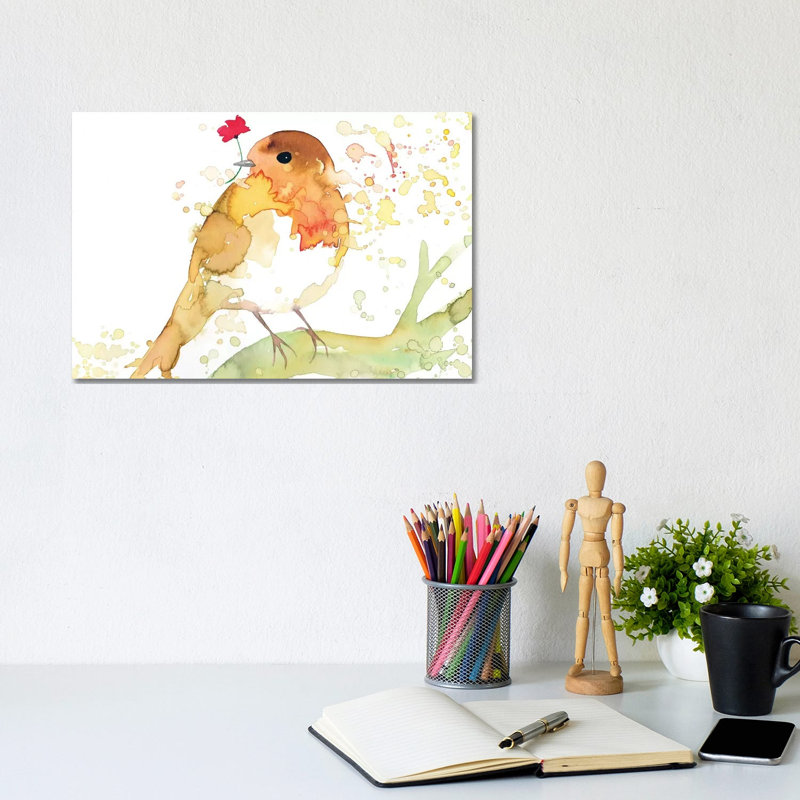 Robin With Poppy by The Cosmic Whale - Wrapped Canvas Print, 20.32 cm H x 30.48 cm W