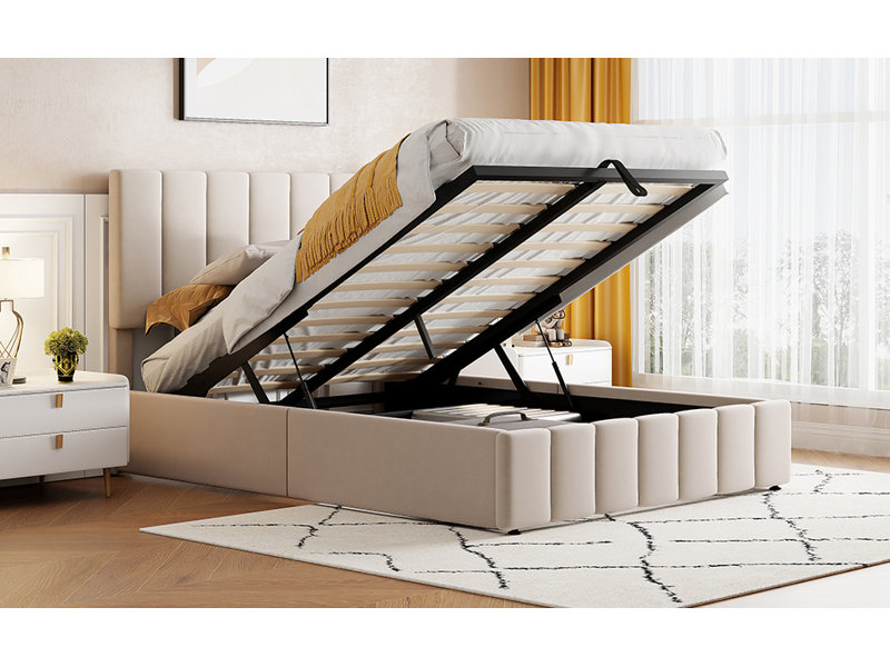 Lit plateforme tapissier double avec système de rangement hydraulique - beige, Beige, Lit double