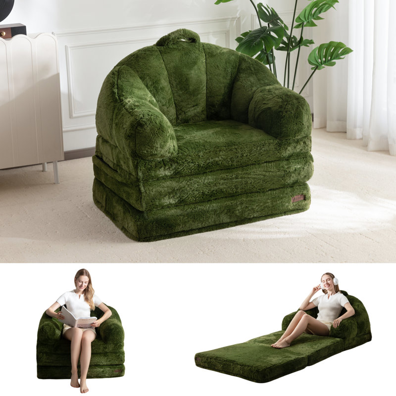 2 In 1 Convertible Green Faux Fur Bean Bag Sofa Chair, Green Faux Fur