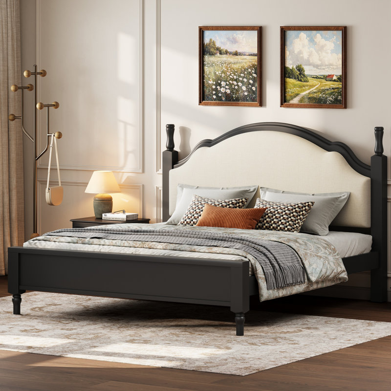 Lit plateforme très grand en bois avec tête de lit tapissier - Structure en pin classique, lattes robustes, pas de sommier tapissier, structure noire + tissu beige