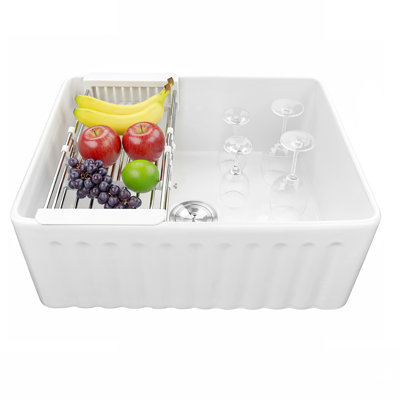 White Fireclay 24 in. Single Bowl Apron-Front Kitchen Sink with Faucets and Basket Strainer