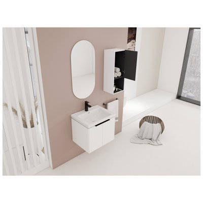 Meuble-lavabo mural 24 po avec lavabo en céramique blanche et armoire en contreplaqué blanc