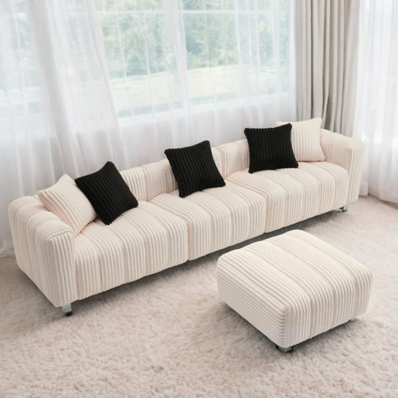 Canapé surdimensionné de 114 pouces à trois places en velours côtelé avec repose-pieds et canapé inclinable, Blanc lait