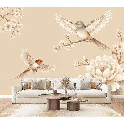 Peel and Stick Wallpaper 96" L x 69" W Modern Self Adhesive Wall Mural for Bedroom Elegant Birds Floral Branches Peony Blossoms Soft Beige Vintage Style