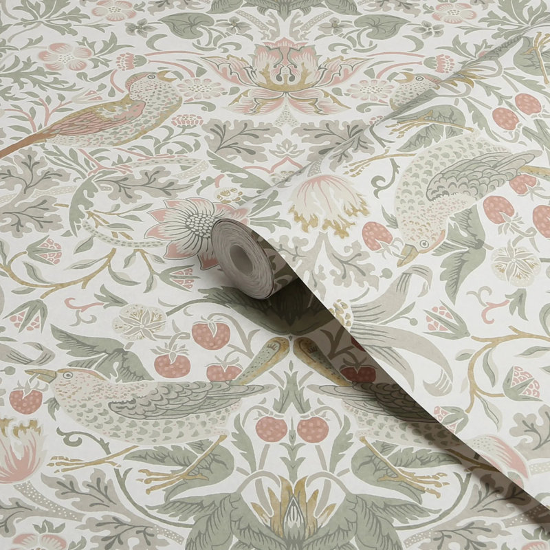 William Morris At Home Strawberry Thief Floral Wallpaper, Pink