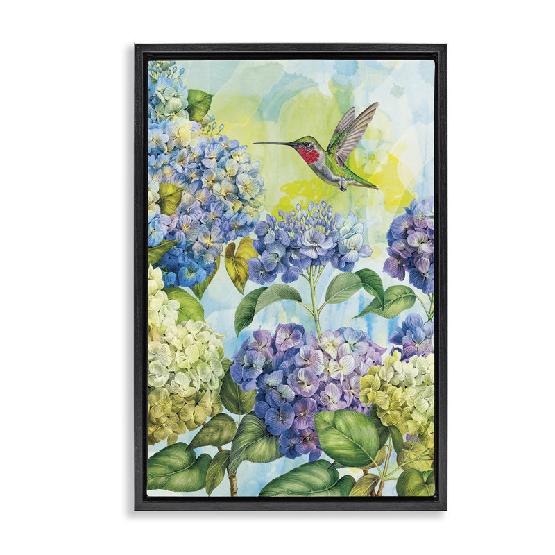 Hortensias printaniers avec cadre flottant colibri, design par Tim Coffey, Cadre flottant noir de jais, H 25 po x l 17 po