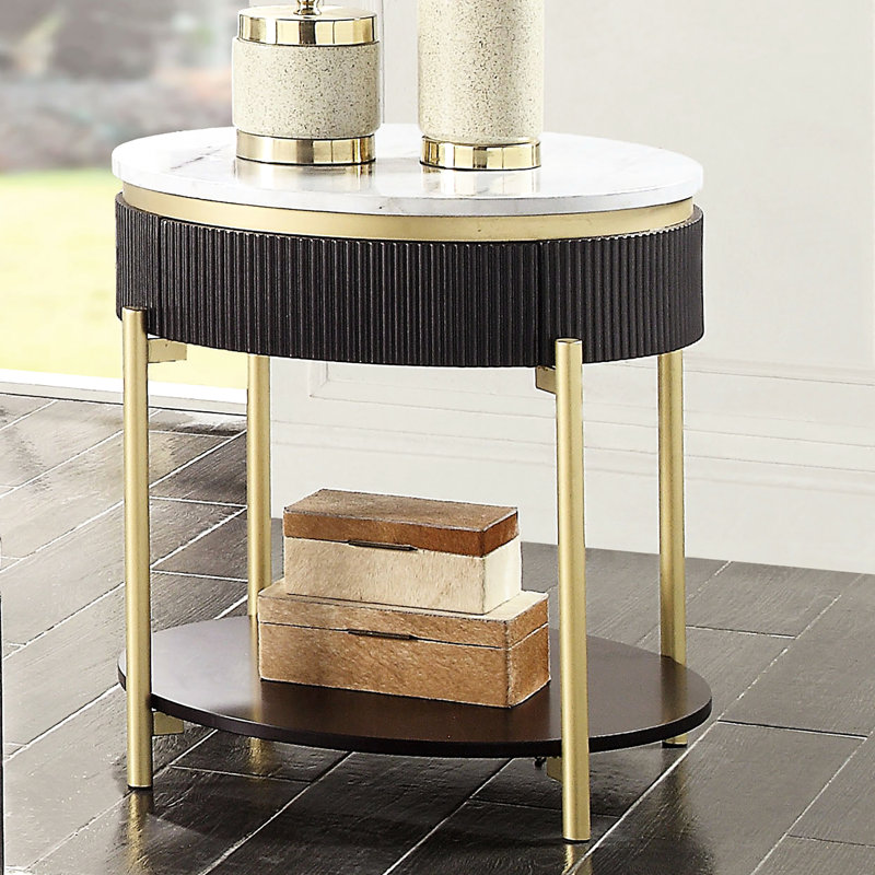 Table de bout glamour en faux marbre blanc avec rangement dissimulé et structure en métal noyer foncé